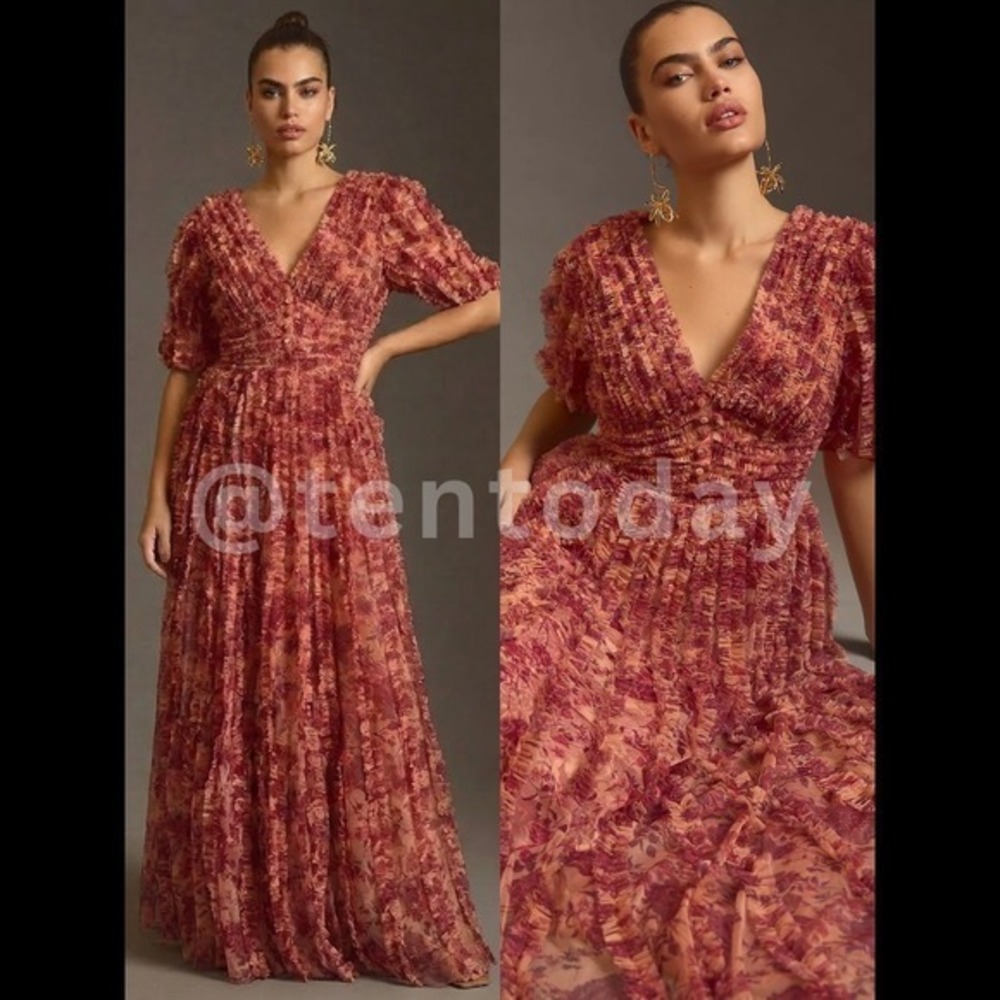 $798 NWT Anthropologie Mac Duggal Size 20 Red Floral Ruffle Long Maxi Dress Gown